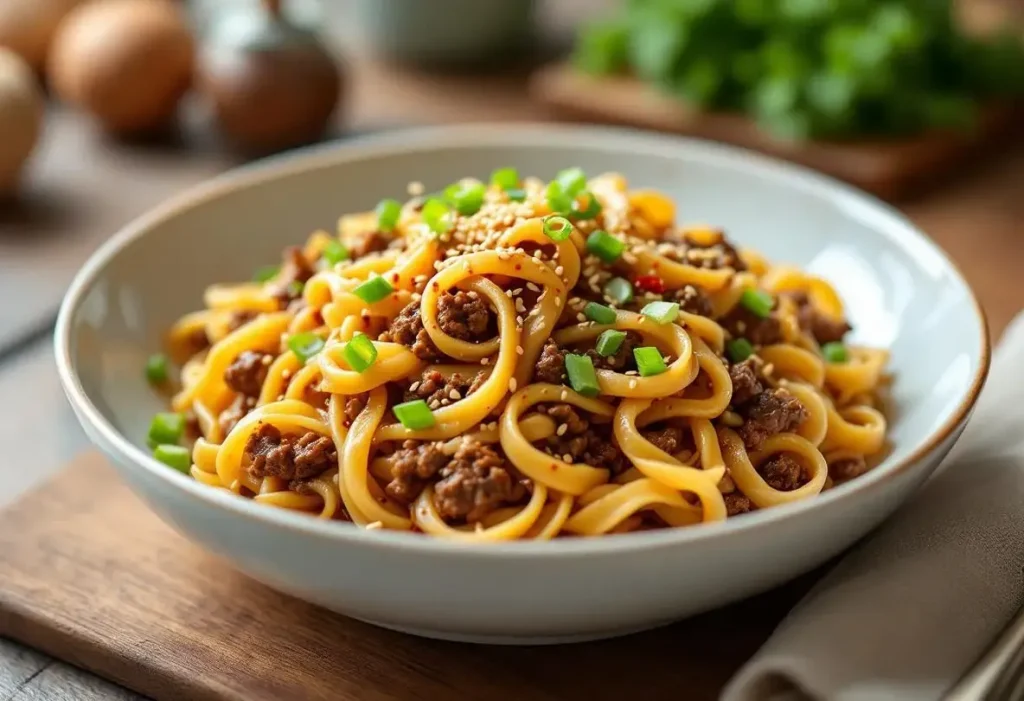 Pâtes au bœuf haché et sésame grillé parfumé